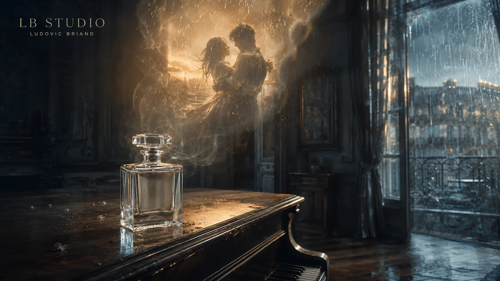Flacon de parfum dans une ambiance cinématographique — visuel 3D LB Studio