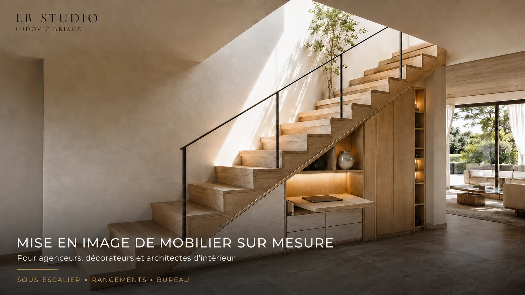 Escalier, bureau et rangements sur mesure — visuel 3D LB Studio
