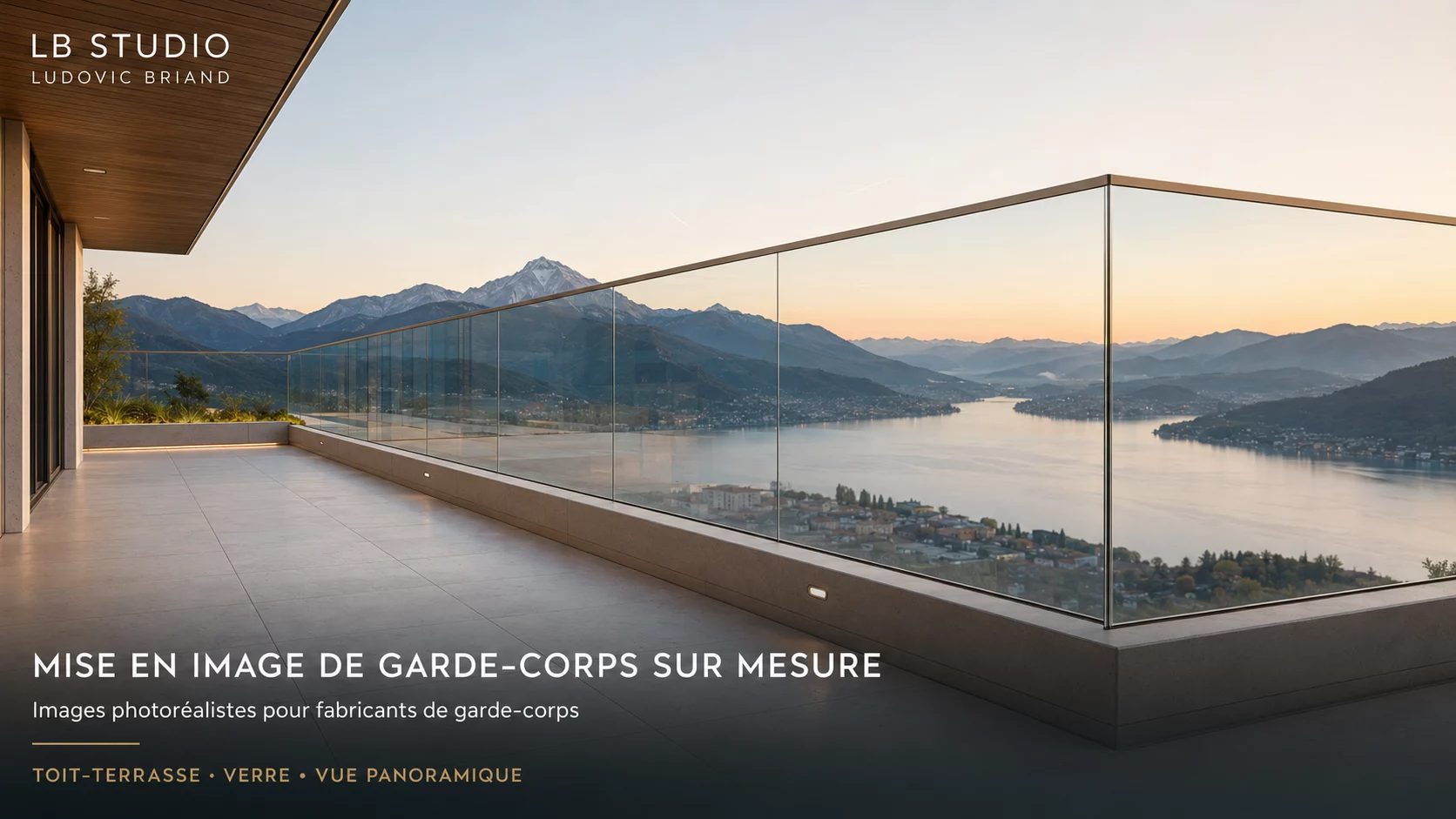 Garde-corps en verre sur terrasse panoramique — visuel 3D LB Studio