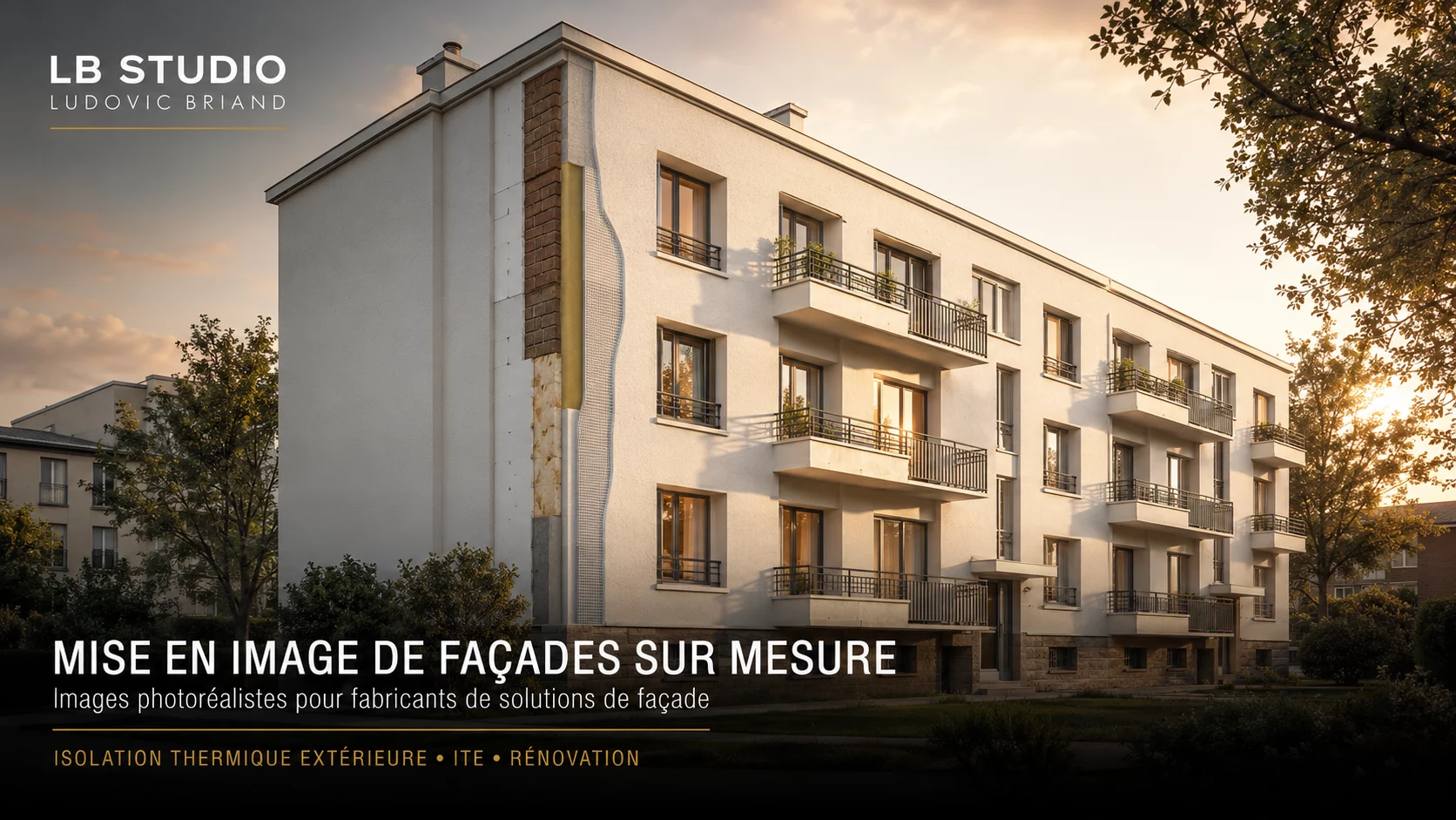 Image photoréaliste d’un immeuble rénové avec isolation thermique extérieure ITE