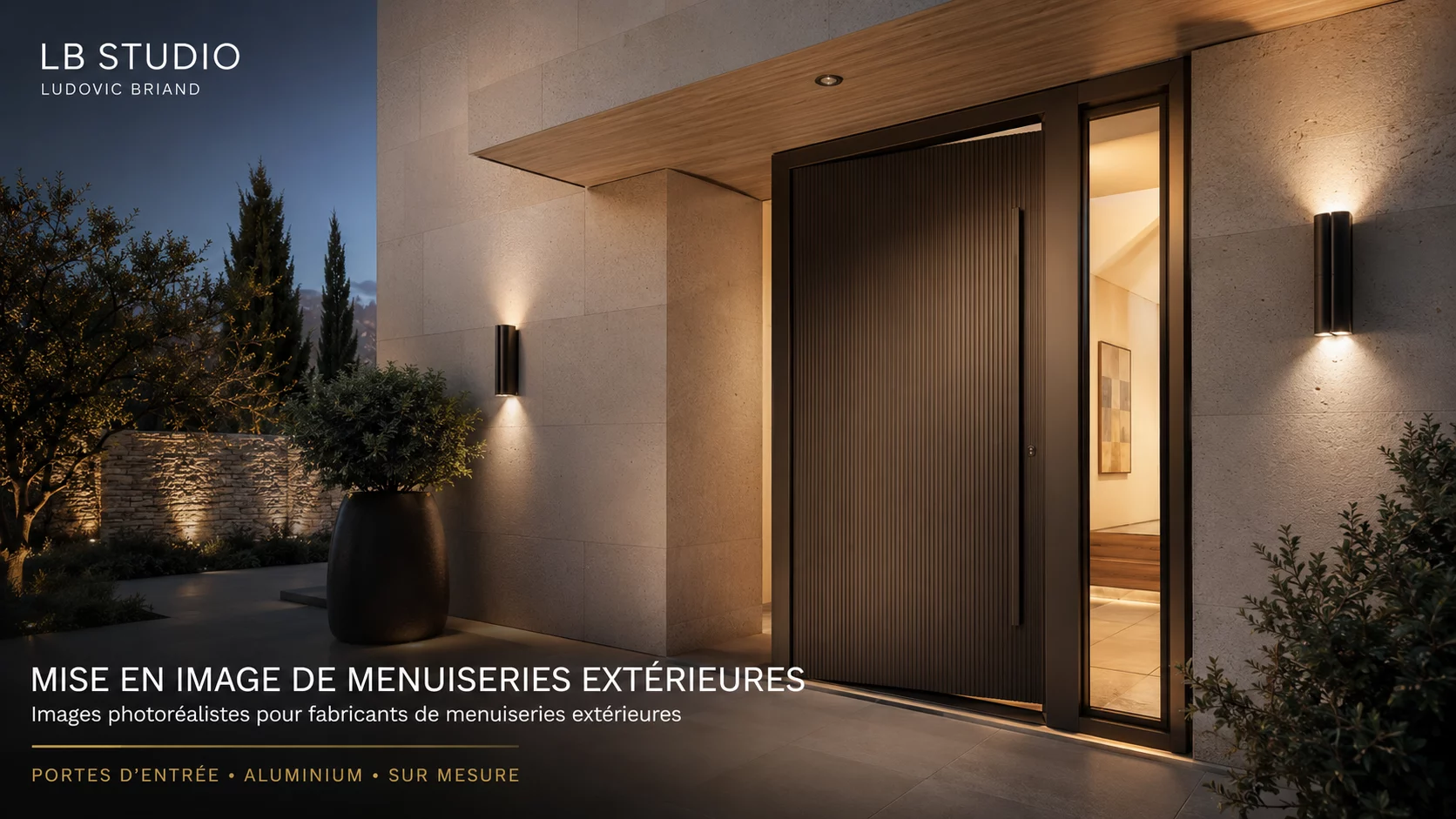 Image photoréaliste d’une porte d’entrée en aluminium sur mesure