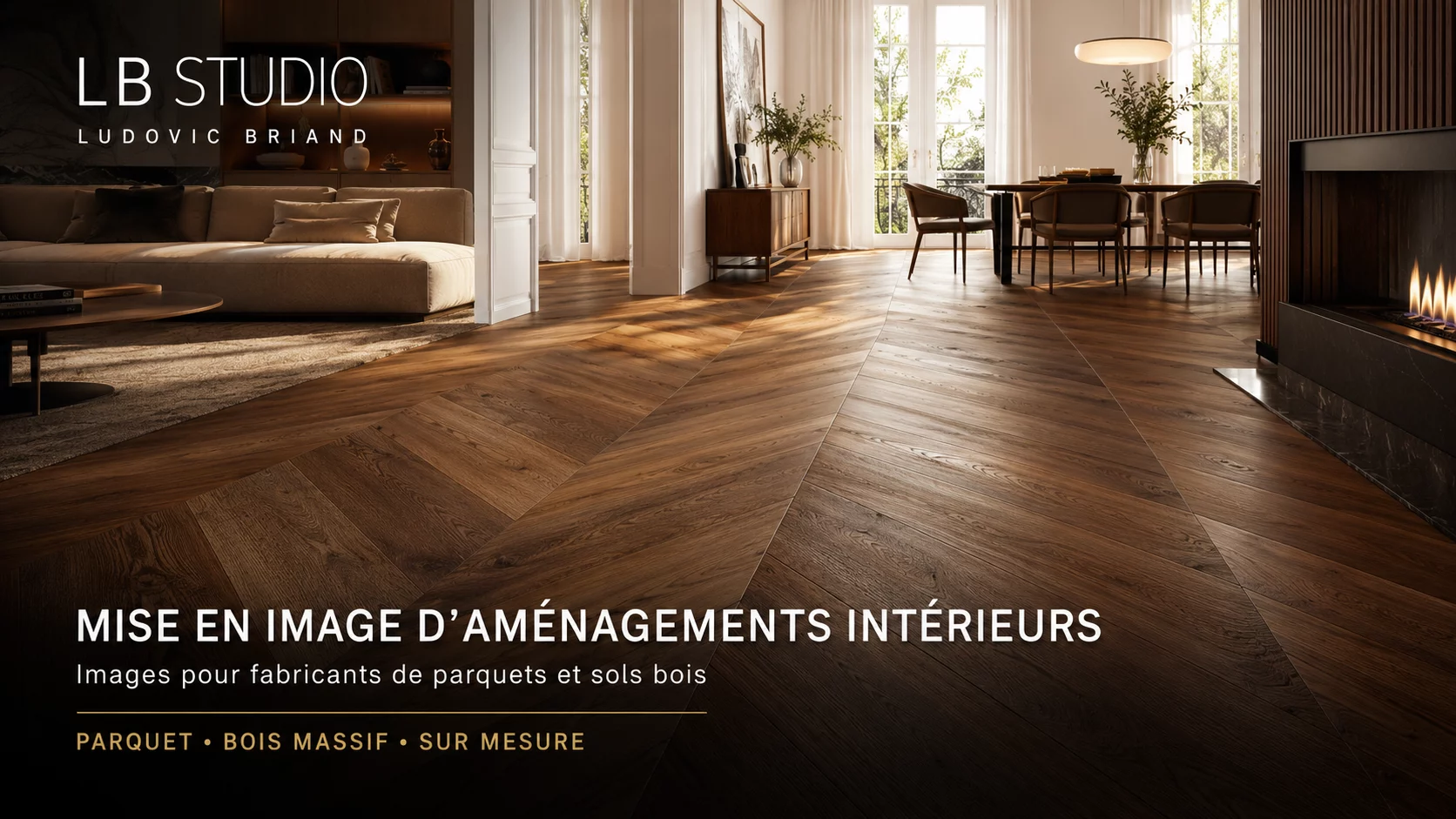 Visuel photoréaliste de parquet en bois massif posé en chevrons