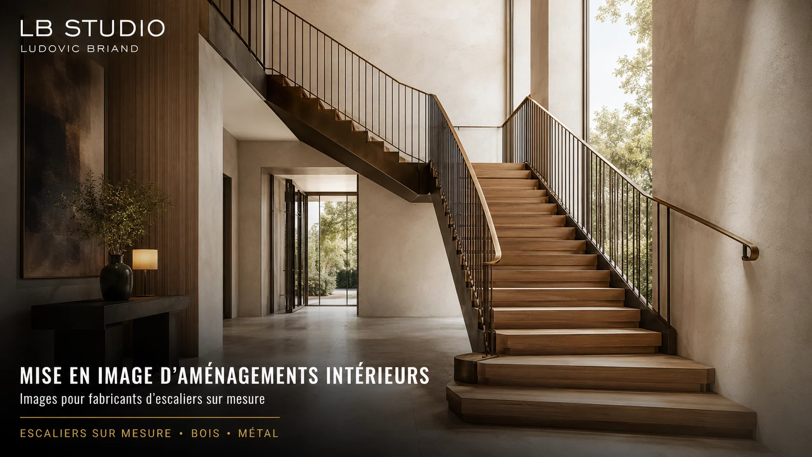 Visuel photoréaliste d’un escalier sur mesure en bois et métal