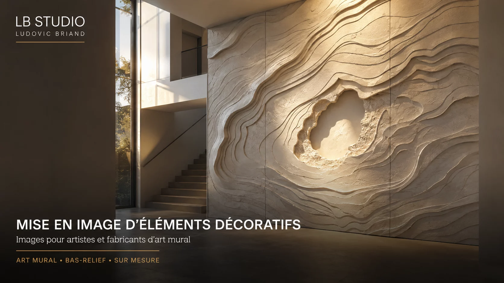 Art mural en bas-relief sur mesure mis en scène dans un intérieur contemporain