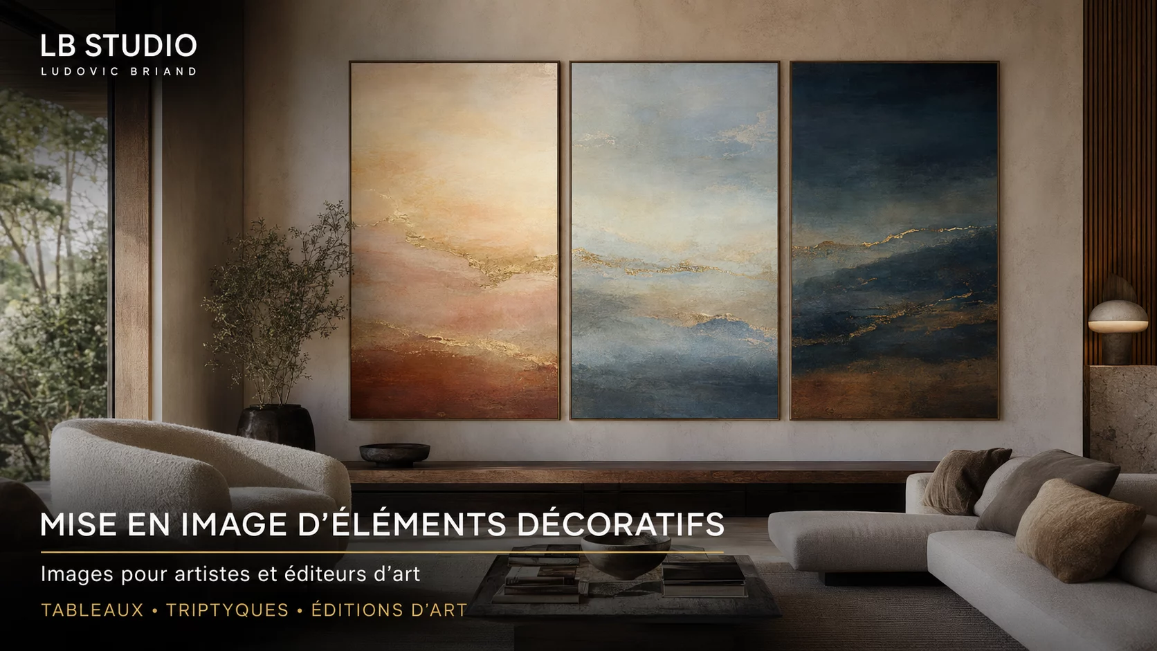 Triptyque de tableaux contemporains présenté dans un salon haut de gamme