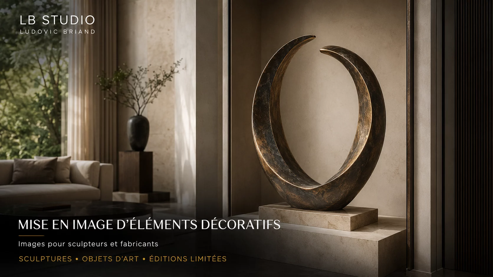 Sculpture contemporaine en bronze présentée sur un socle en pierre