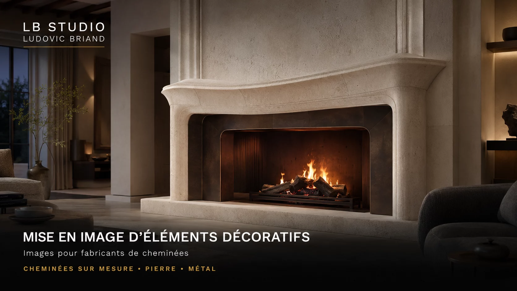 Cheminée sur mesure en pierre et métal mise en scène dans un salon