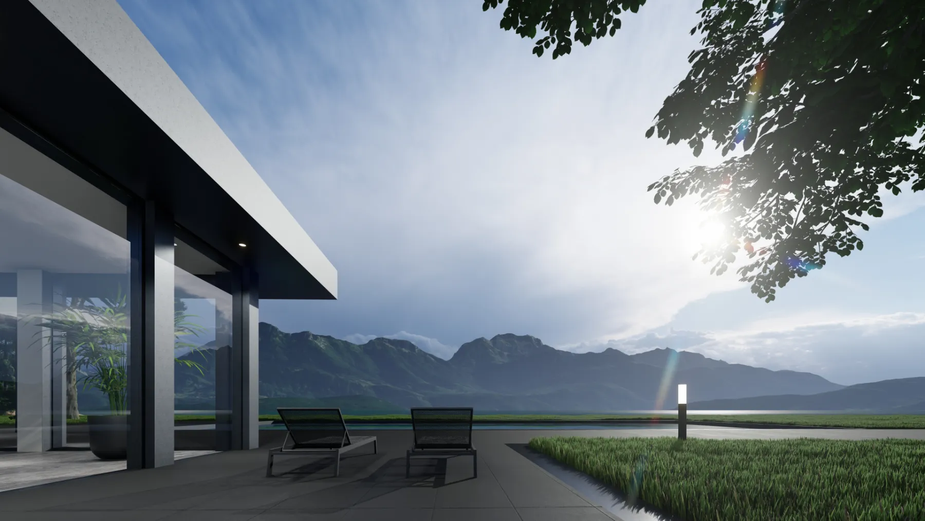 Terrasse ouverte sur le paysage de montagne — rendu 3D