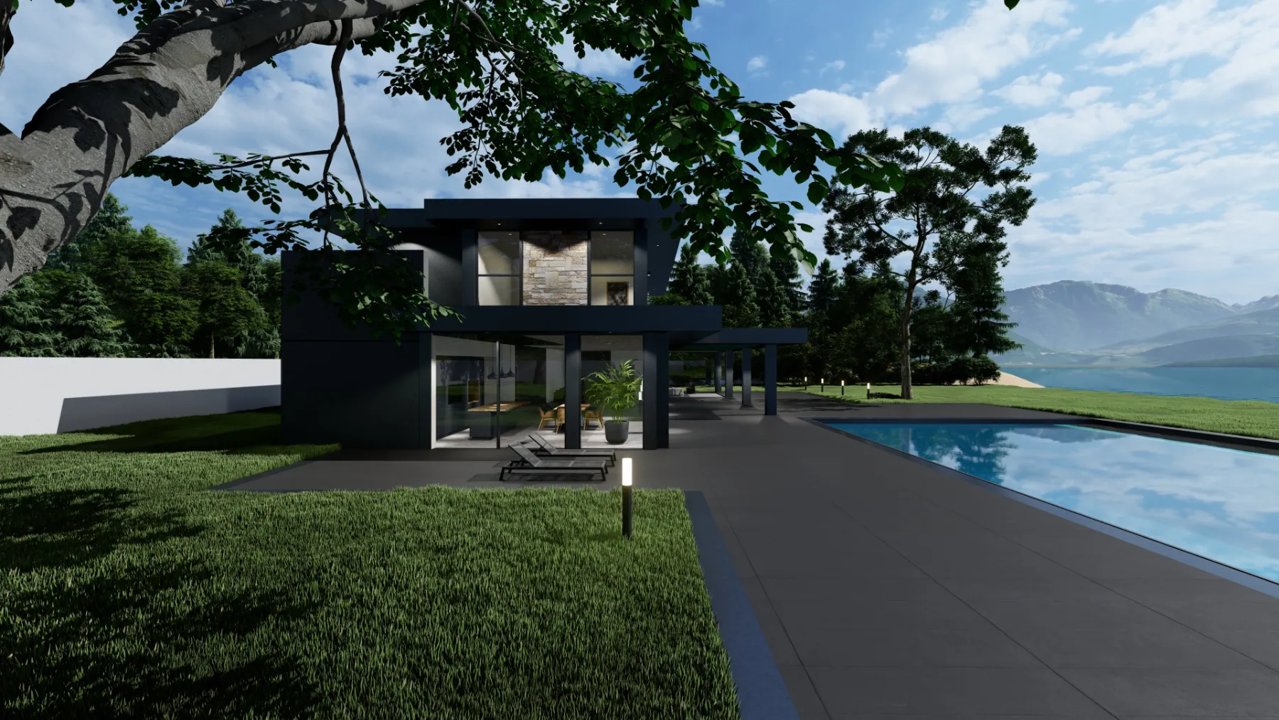 Villa contemporaine et bassin en fin de journée — rendu 3D