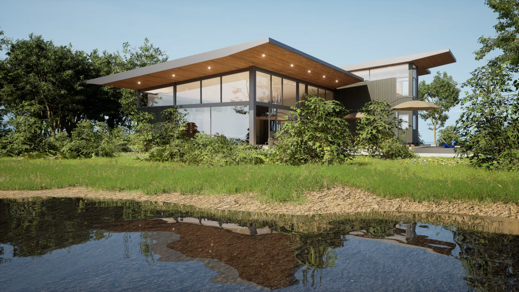 Maison de verre au bord de l'eau — visualisation 3D