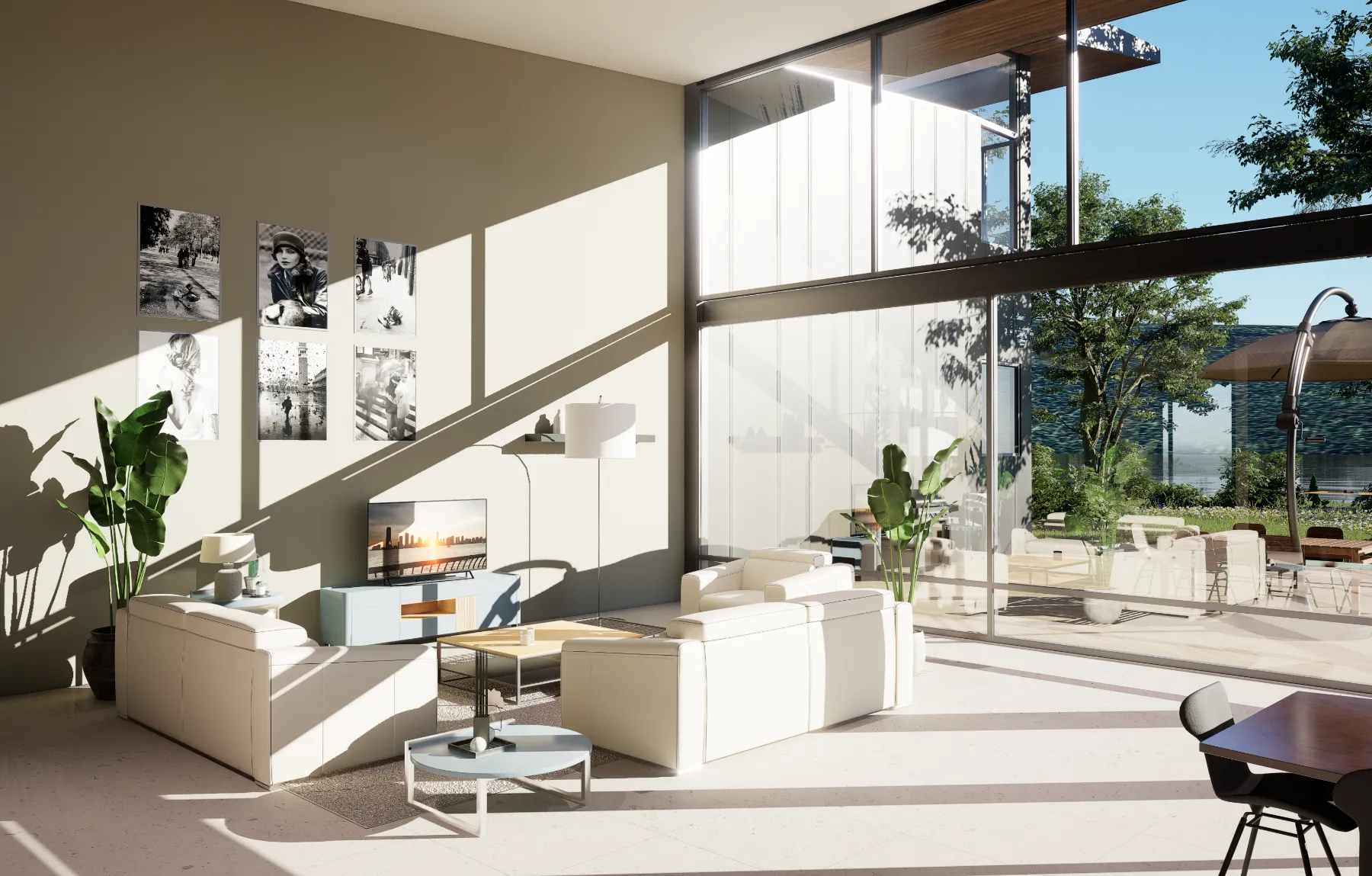 Séjour double hauteur — rendu 3D intérieur