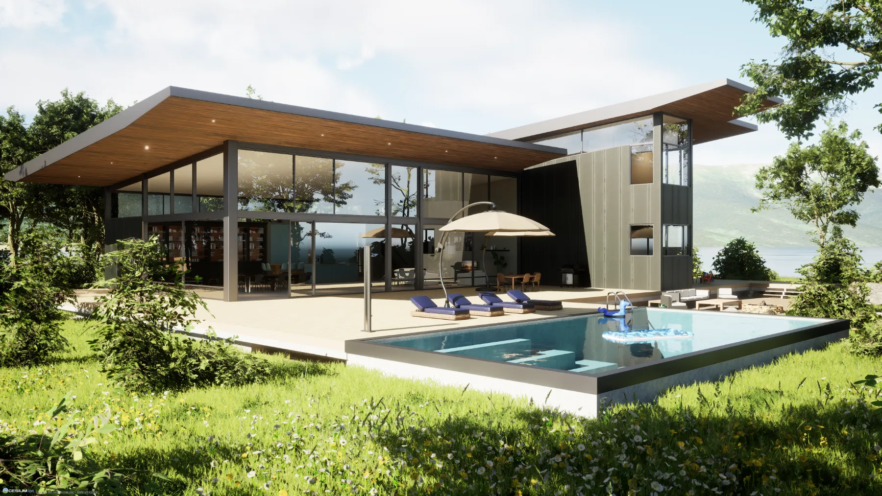 Pavillon contemporain avec piscine — visualisation 3D