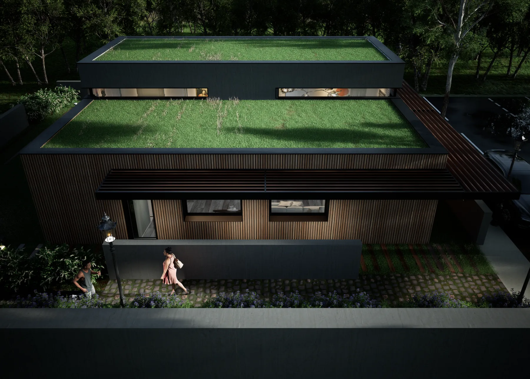 Maison contemporaine à toiture végétalisée — visualisation 3D