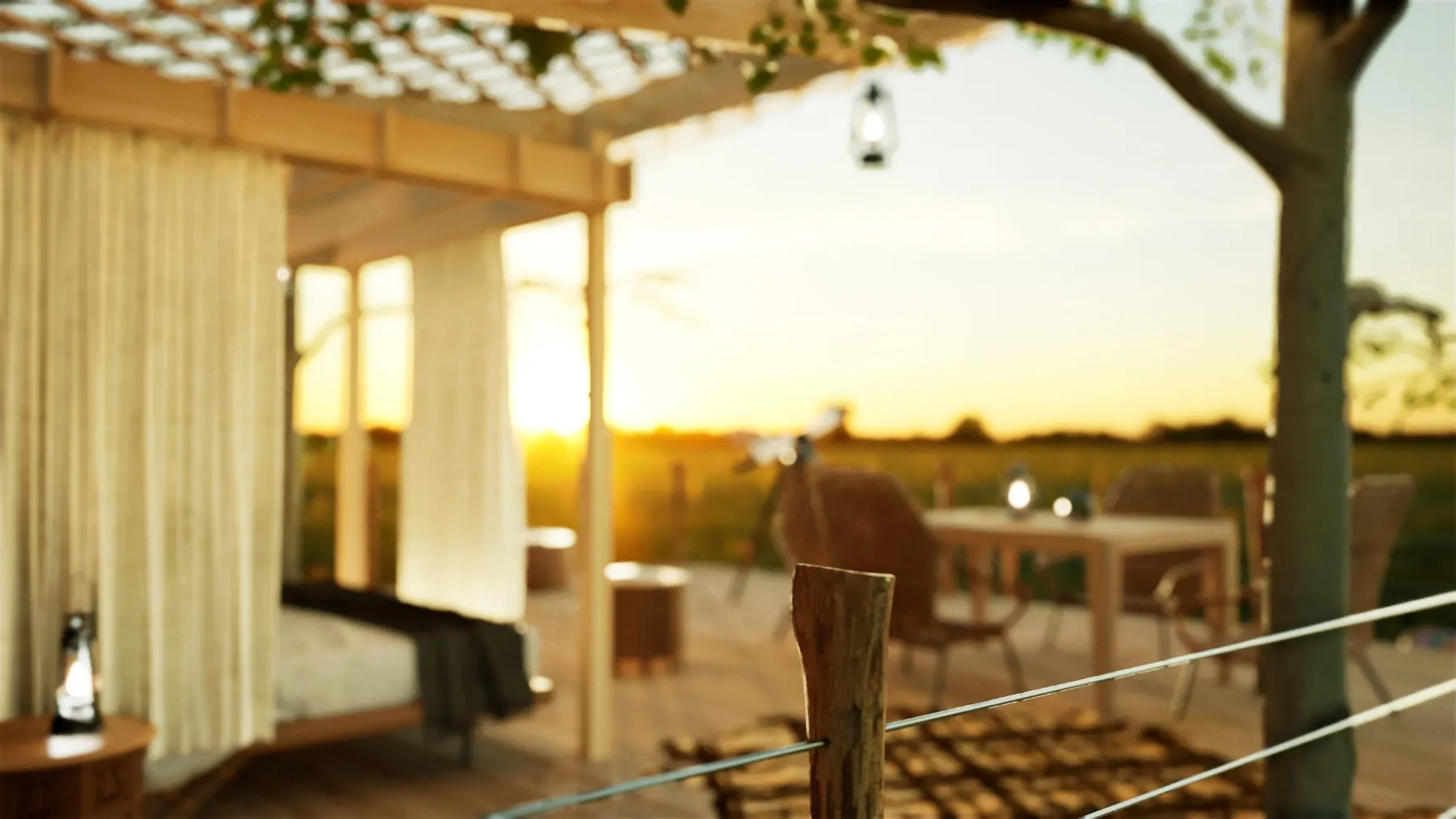 Terrasse sous pergola au coucher du soleil — rendu 3D
