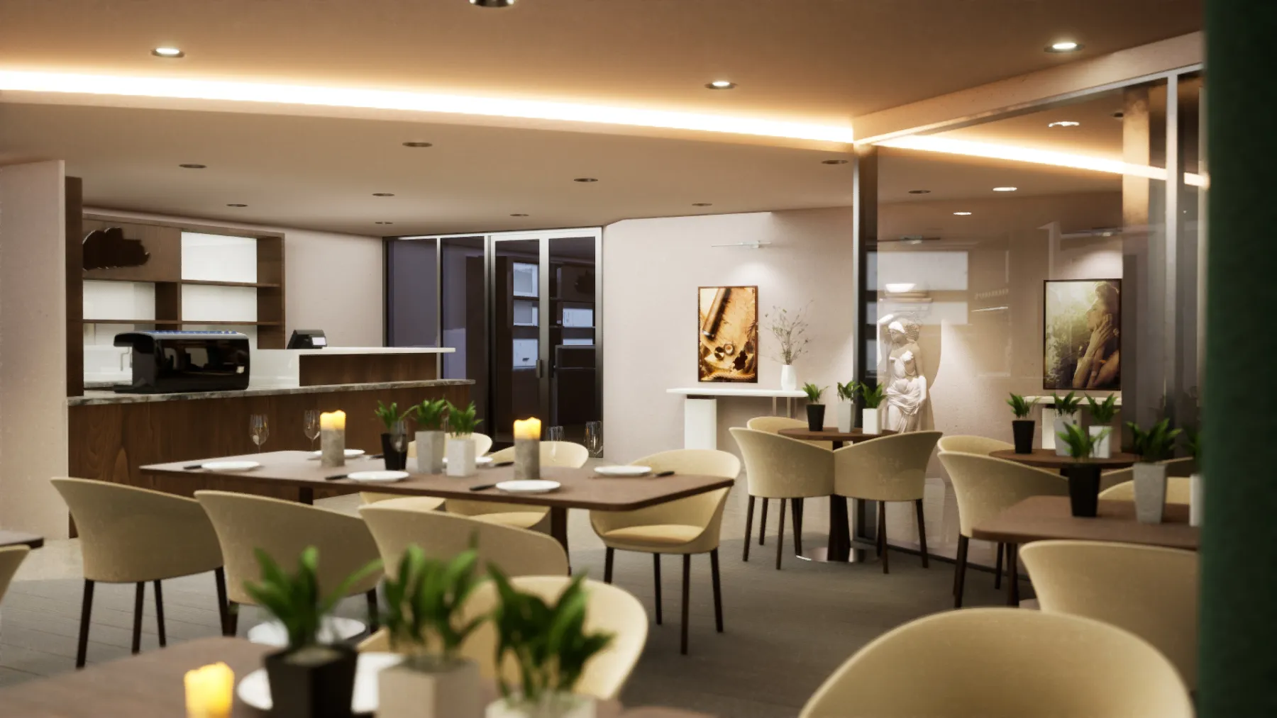 Salle de restaurant d'hôtel — rendu 3D