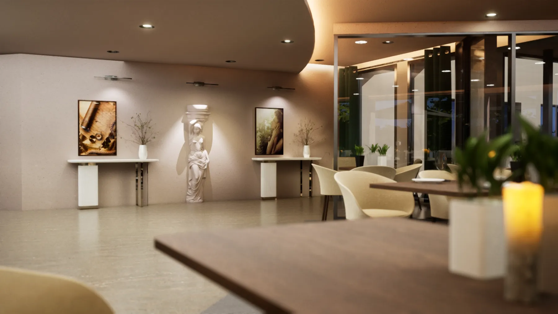 Galerie et espace d'accueil — rendu 3D