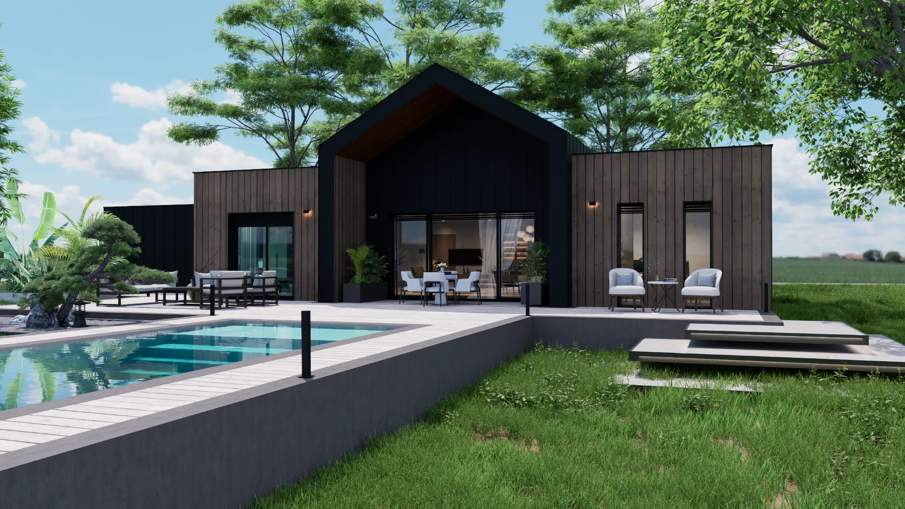 Maison bois contemporaine et piscine — rendu 3D