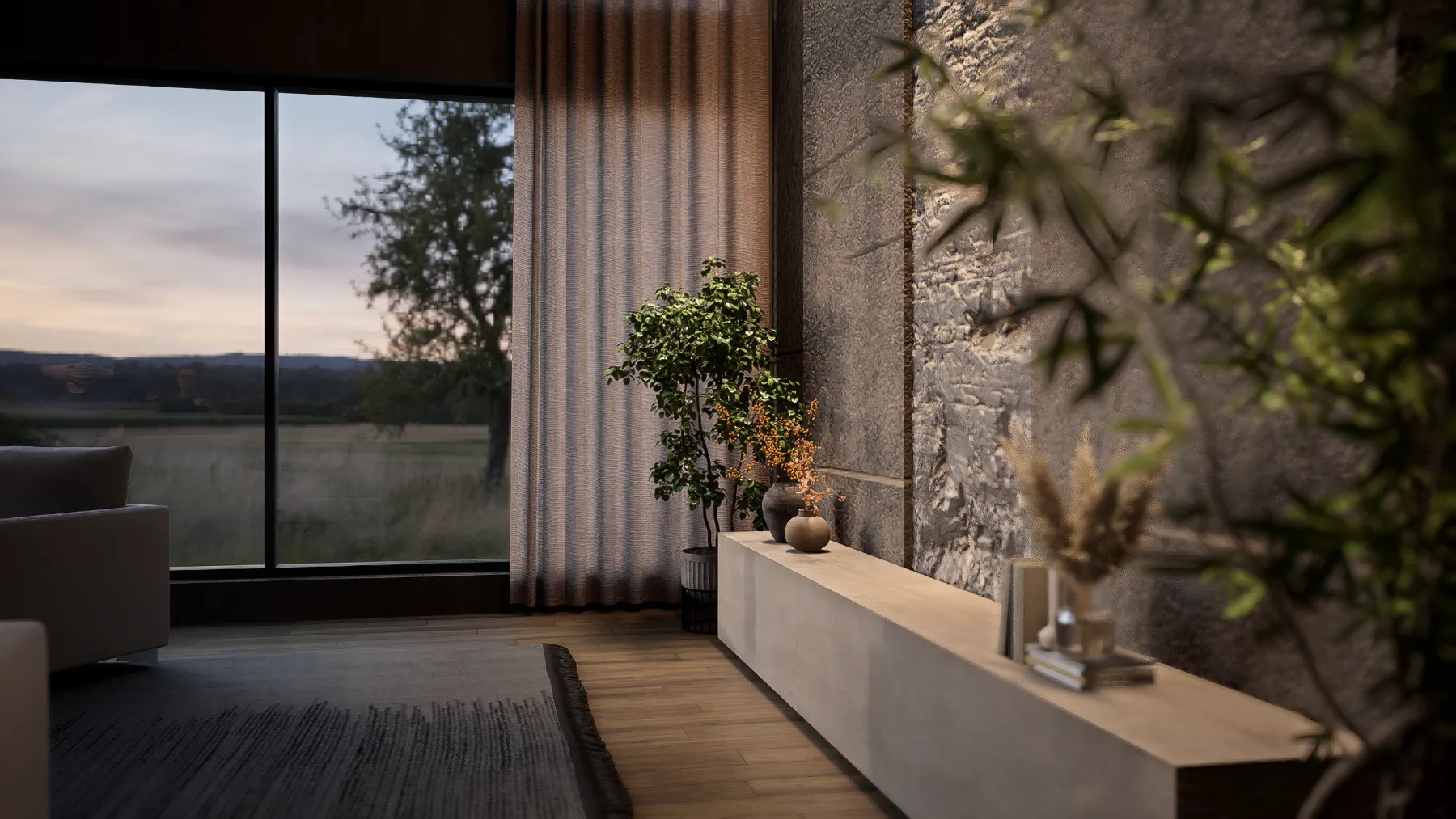 Séjour contemporain ouvert sur le jardin — rendu 3D