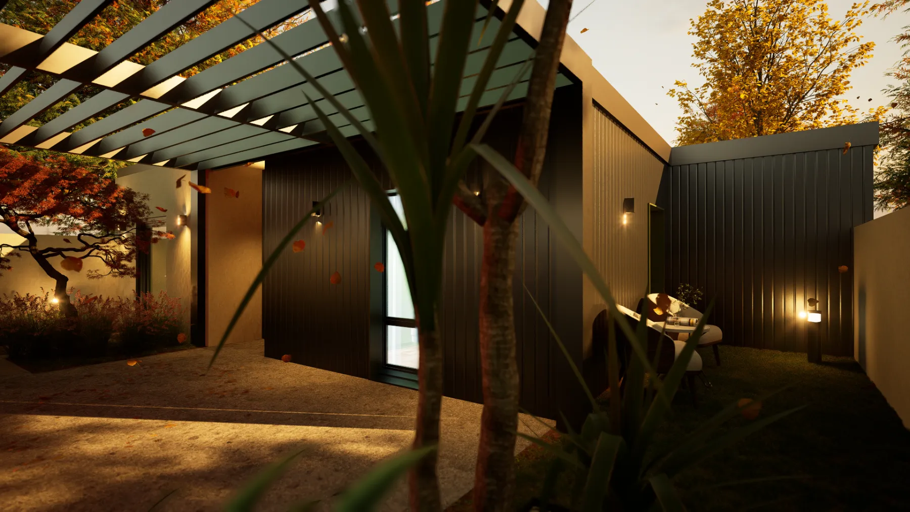 Patio planté éclairé de nuit — rendu 3D