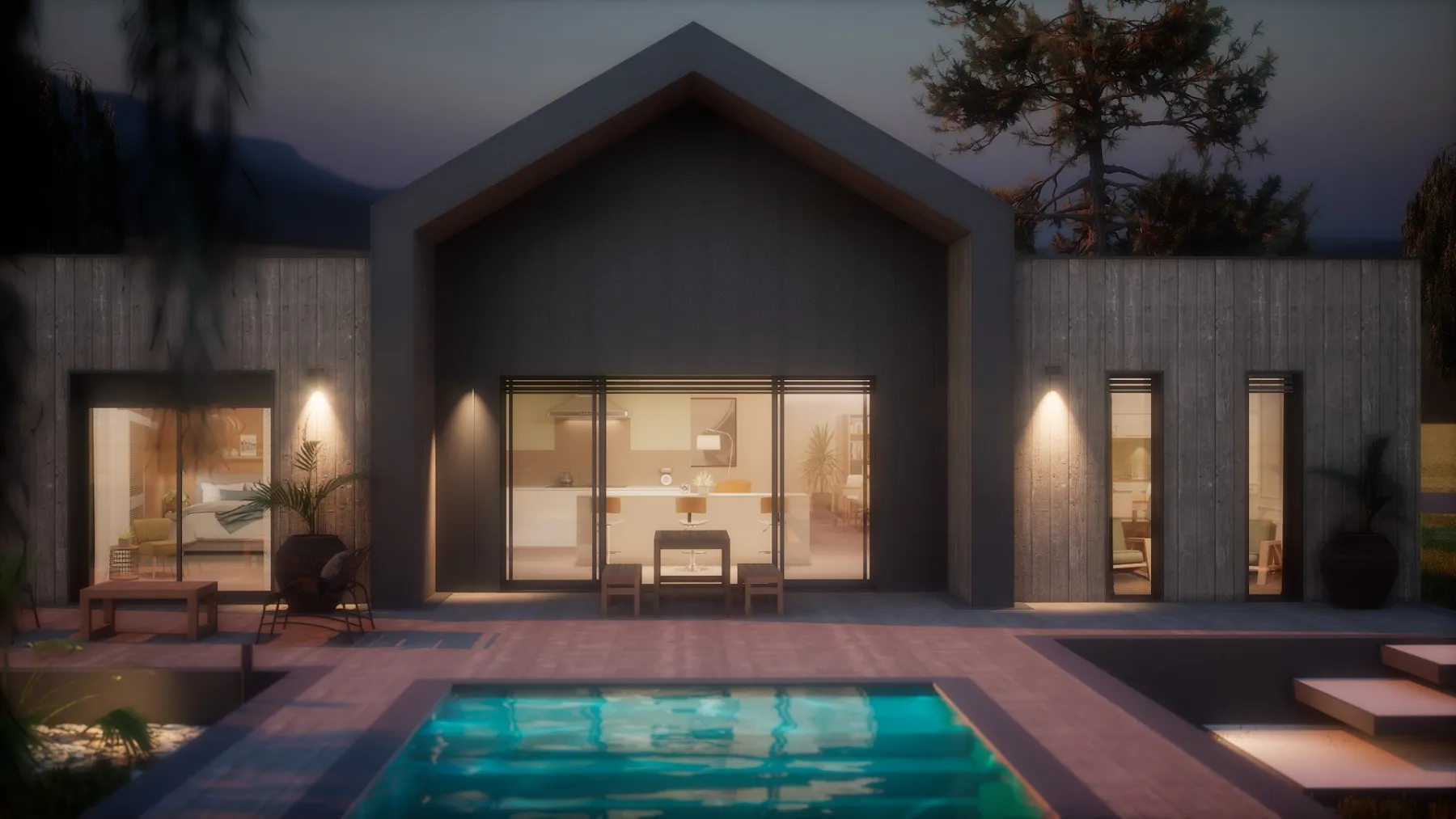 Maison bois de nuit avec piscine — rendu 3D
