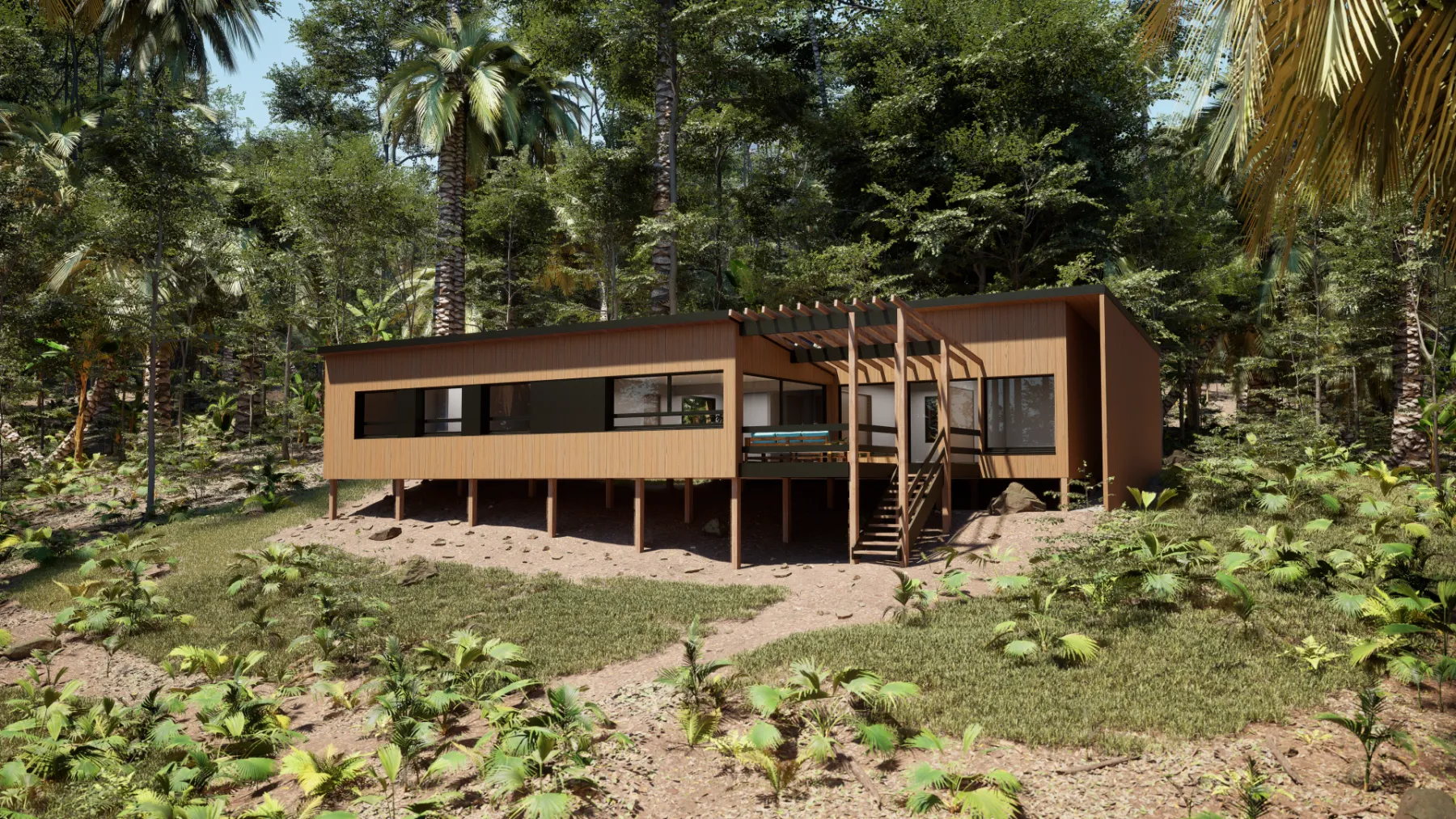 Habitation bois en lisière de forêt — rendu 3D