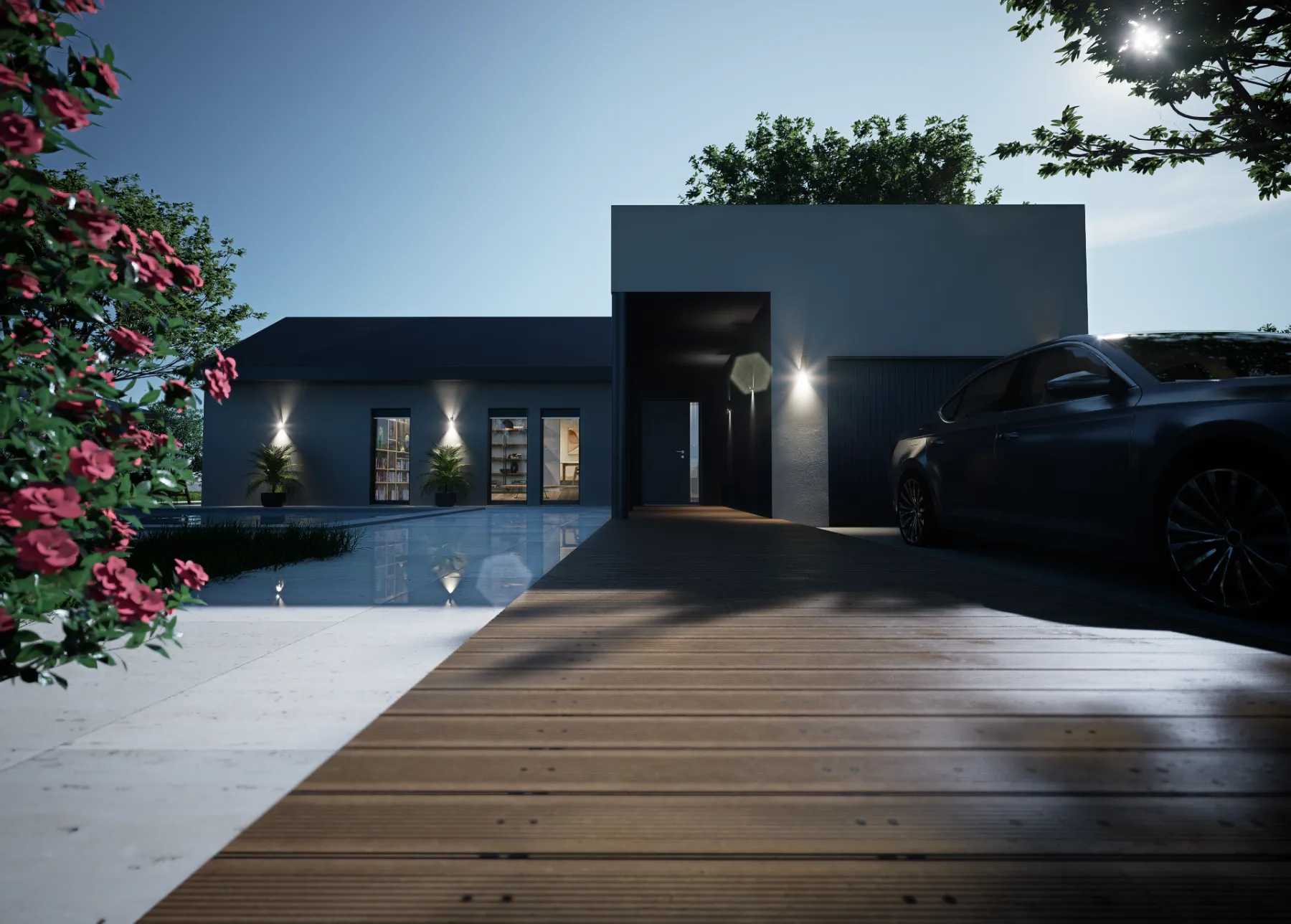 Entrée et garage de nuit — rendu 3D