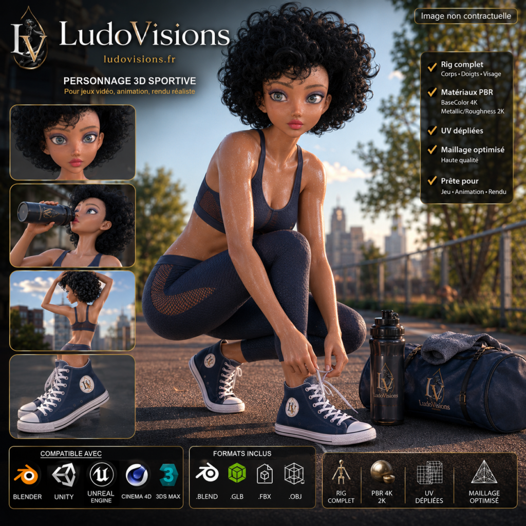 Personnage 3D Toon Fille Sportive - Rig Complet (Blender, FBX, OBJ, GLB)