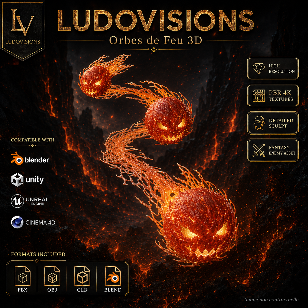 Orbes de Feu 3D – Asset Numérique Fantasy PBR 4K – Image 3