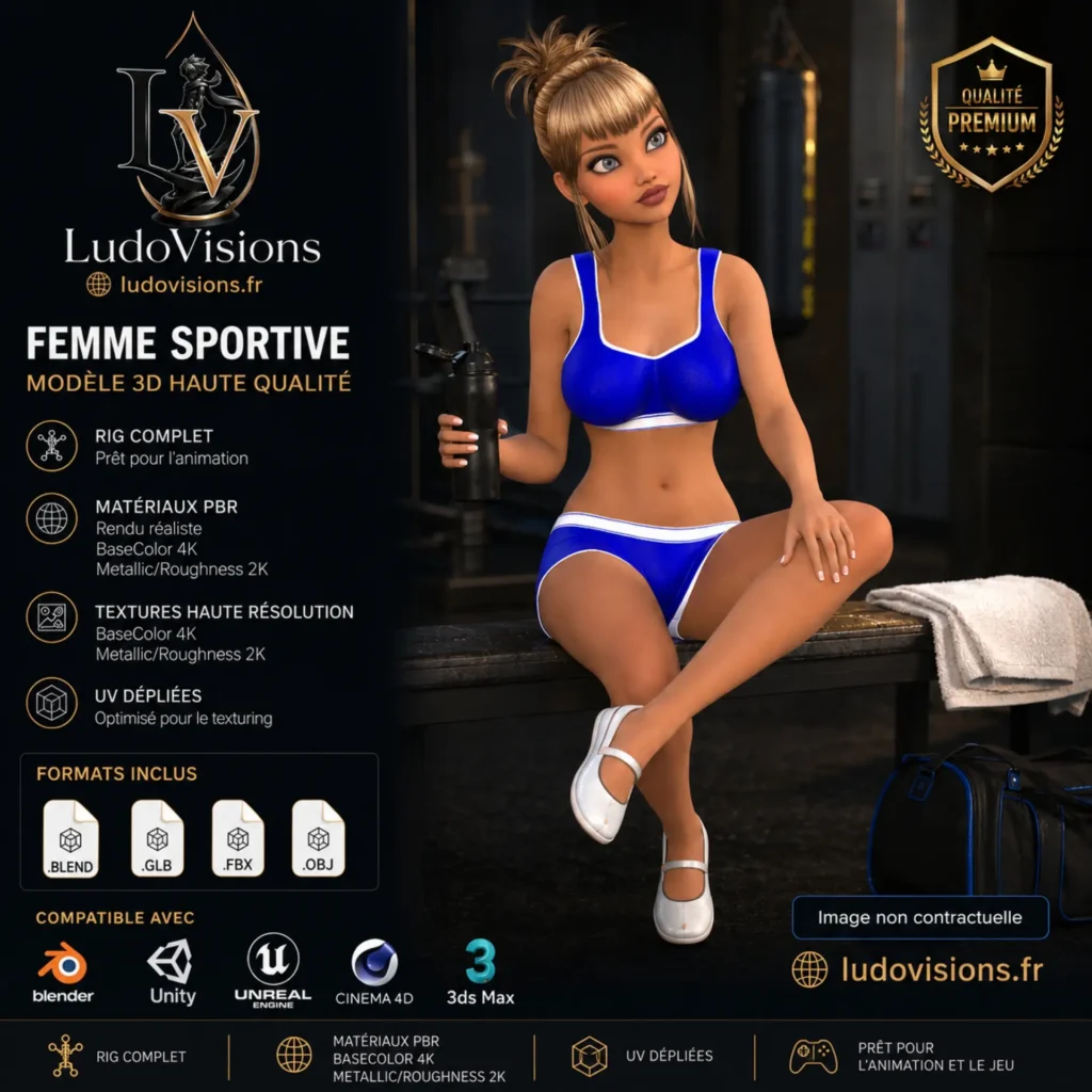 Toon 3D 7 – Personnage Féminin Cartoon 3D Riggé (Blender, GLB, FBX, OBJ)