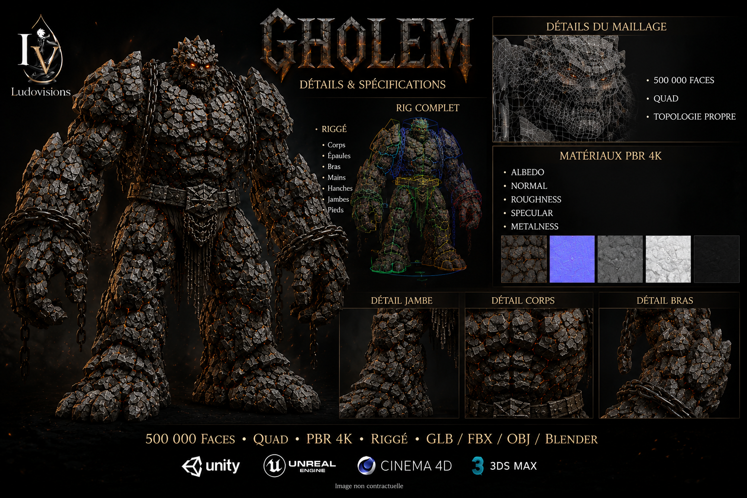 Gholem – Boss 3D Colossal de Pierre • Maillage Quad • 500 000 Faces • PBR 4K • Riggé – LudoVisions – Image 2