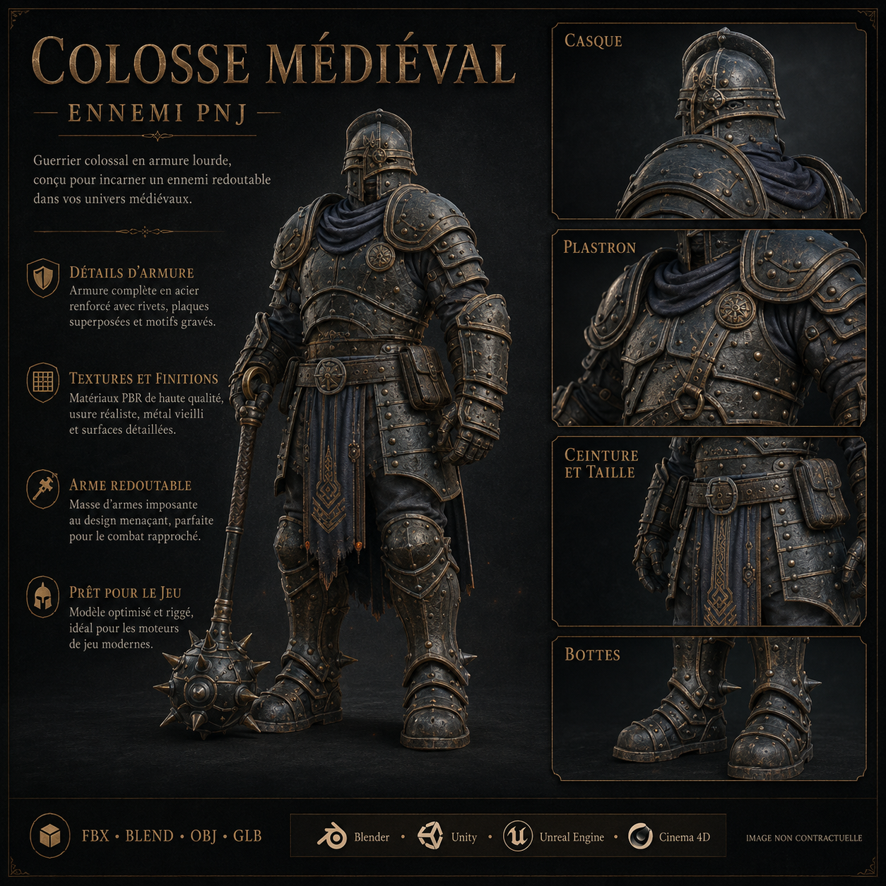 Colosse Médiéval 3D Game-Ready – PNJ Ennemi PBR 4K avec Masse à Pointes | Légende de Thor 2 – Image 7