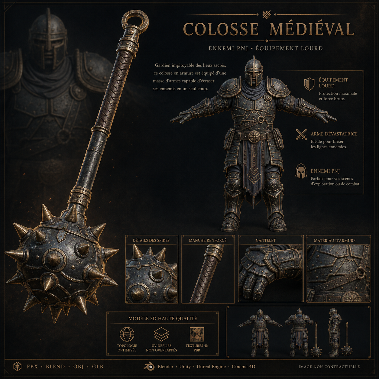 Colosse Médiéval 3D Game-Ready – PNJ Ennemi PBR 4K avec Masse à Pointes | Légende de Thor 2 – Image 8