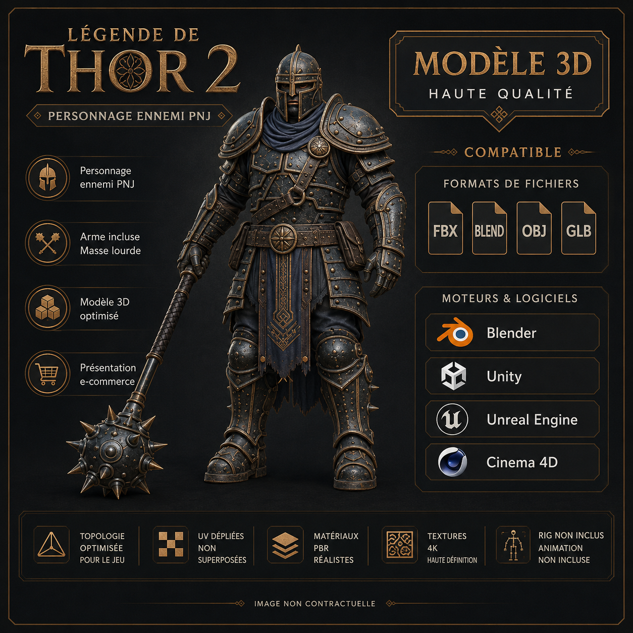Colosse Médiéval 3D Game-Ready – PNJ Ennemi PBR 4K avec Masse à Pointes | Légende de Thor 2 – Image 10