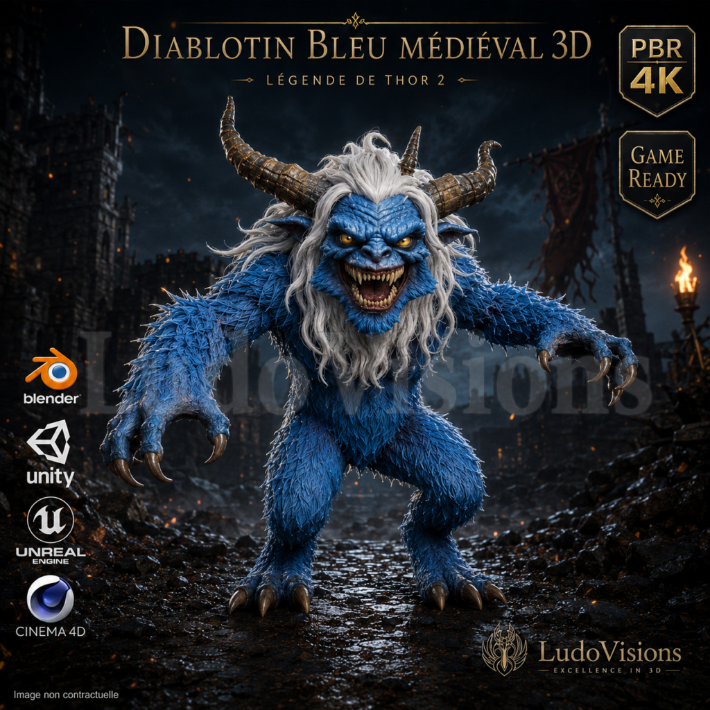 Diablotin Bleu Médiéval 3D – Personnage Game-Ready PBR 4K – Légende de Thor 2