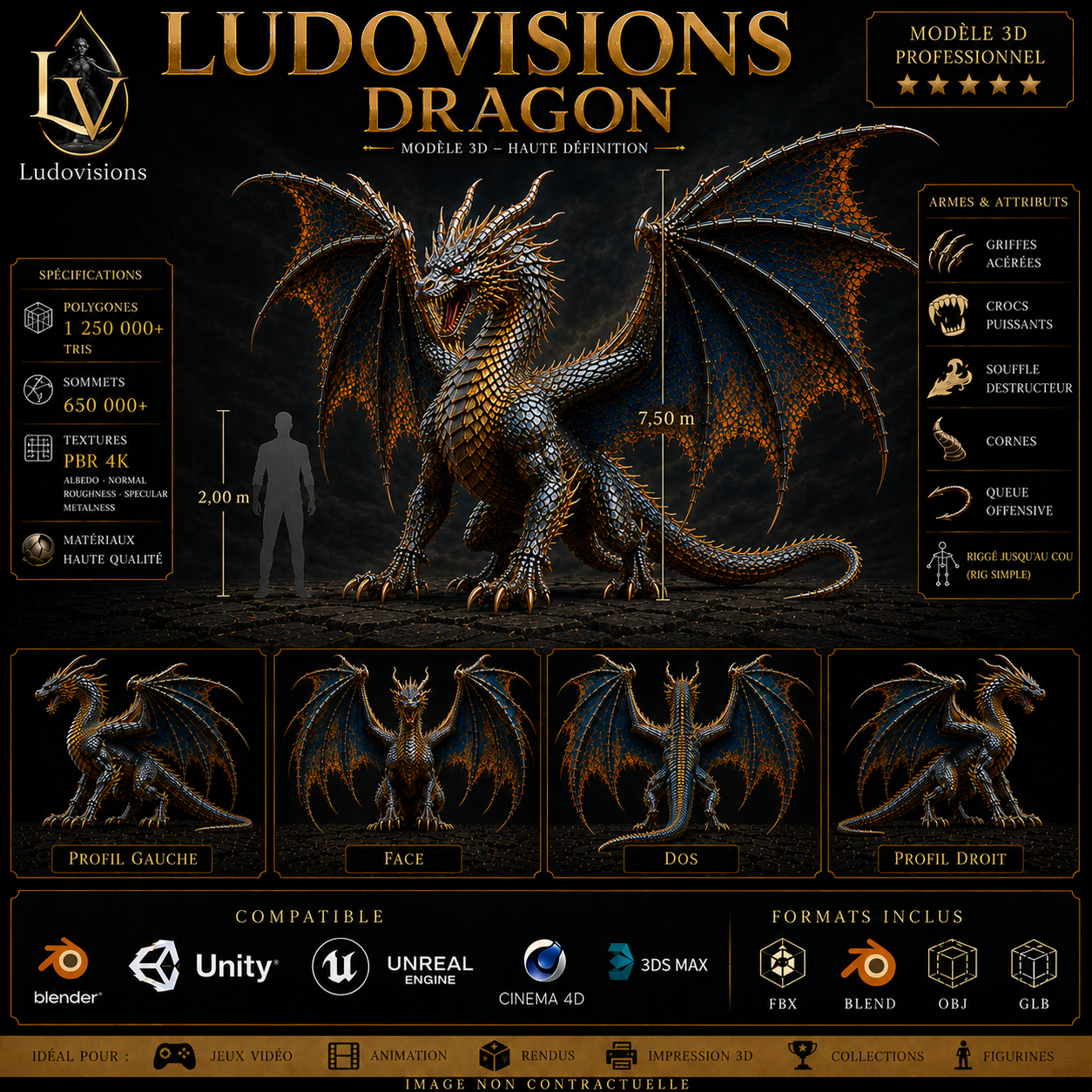 Dragon - Boss 3D Ailé Légendaire - 1 250 000 Triangles - PBR 4K - Riggé - LudoVisions – Image 7