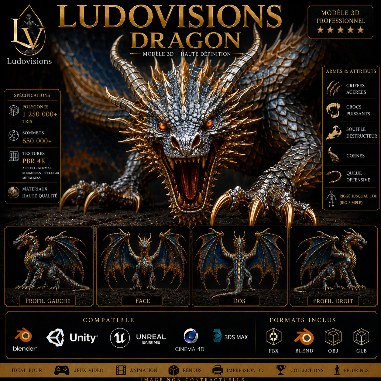 Dragon - Boss 3D Ailé Légendaire - 1 250 000 Triangles - PBR 4K - Riggé - LudoVisions – Image 5