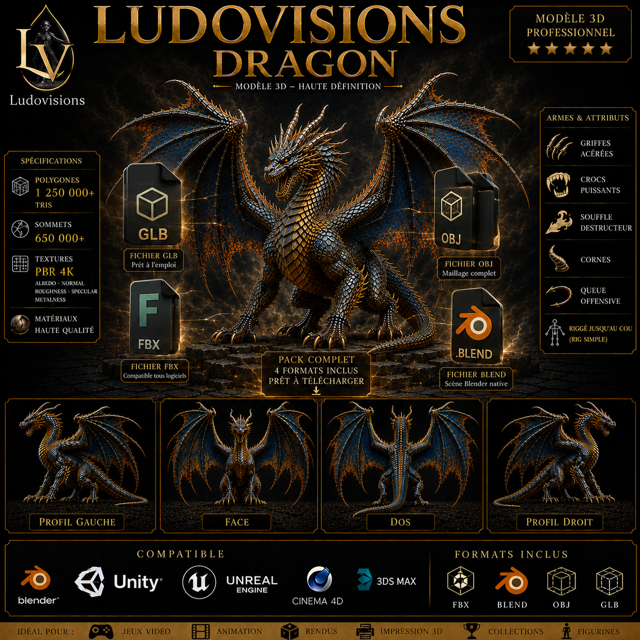 Dragon - Boss 3D Ailé Légendaire - 1 250 000 Triangles - PBR 4K - Riggé - LudoVisions – Image 8
