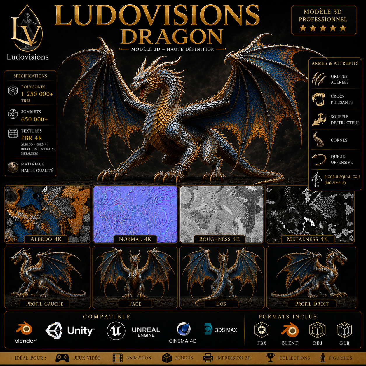 Dragon - Boss 3D Ailé Légendaire - 1 250 000 Triangles - PBR 4K - Riggé - LudoVisions – Image 3