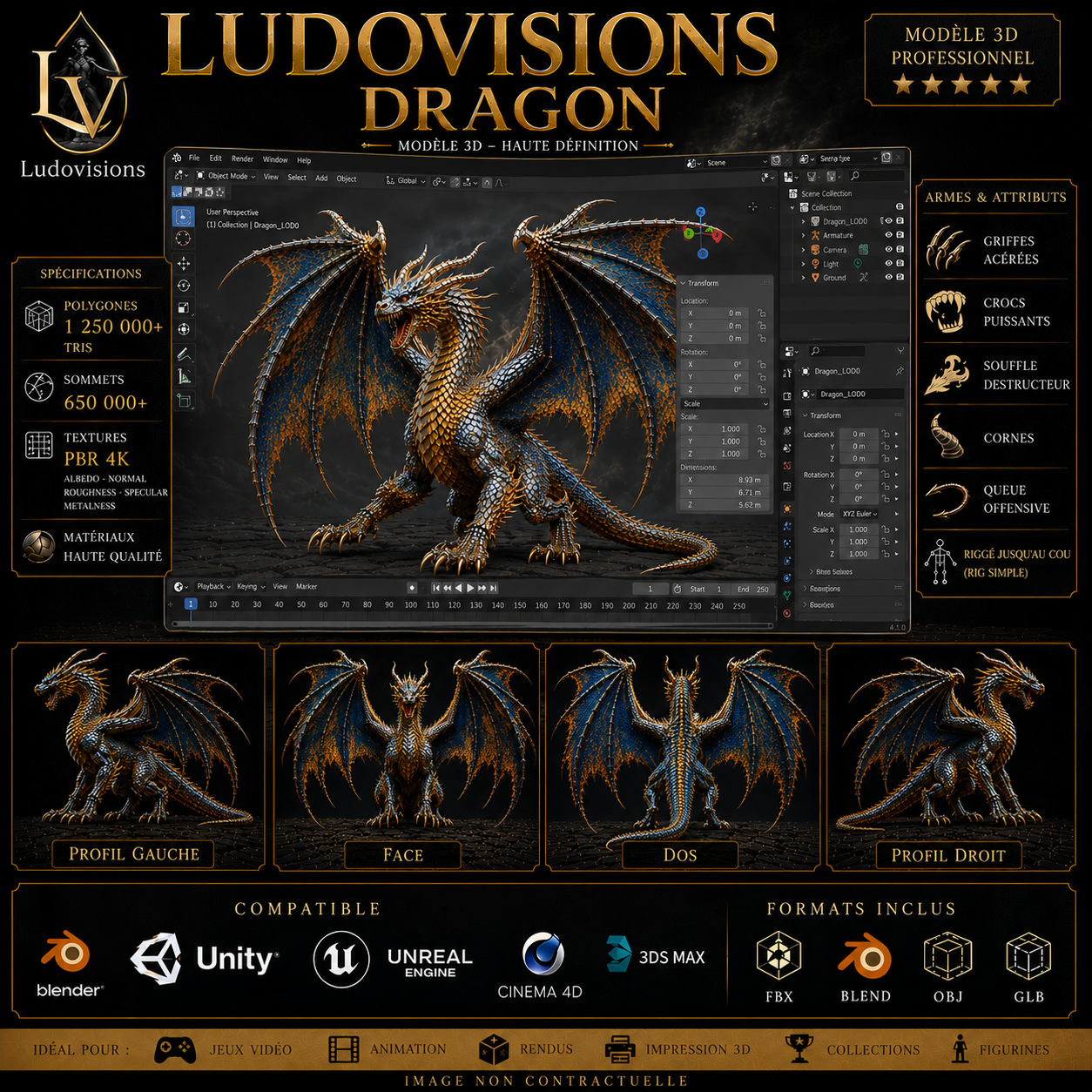 Dragon - Boss 3D Ailé Légendaire - 1 250 000 Triangles - PBR 4K - Riggé - LudoVisions – Image 4