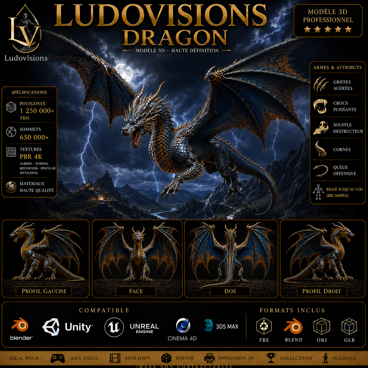 Dragon - Boss 3D Ailé Légendaire - 1 250 000 Triangles - PBR 4K - Riggé - LudoVisions – Image 6