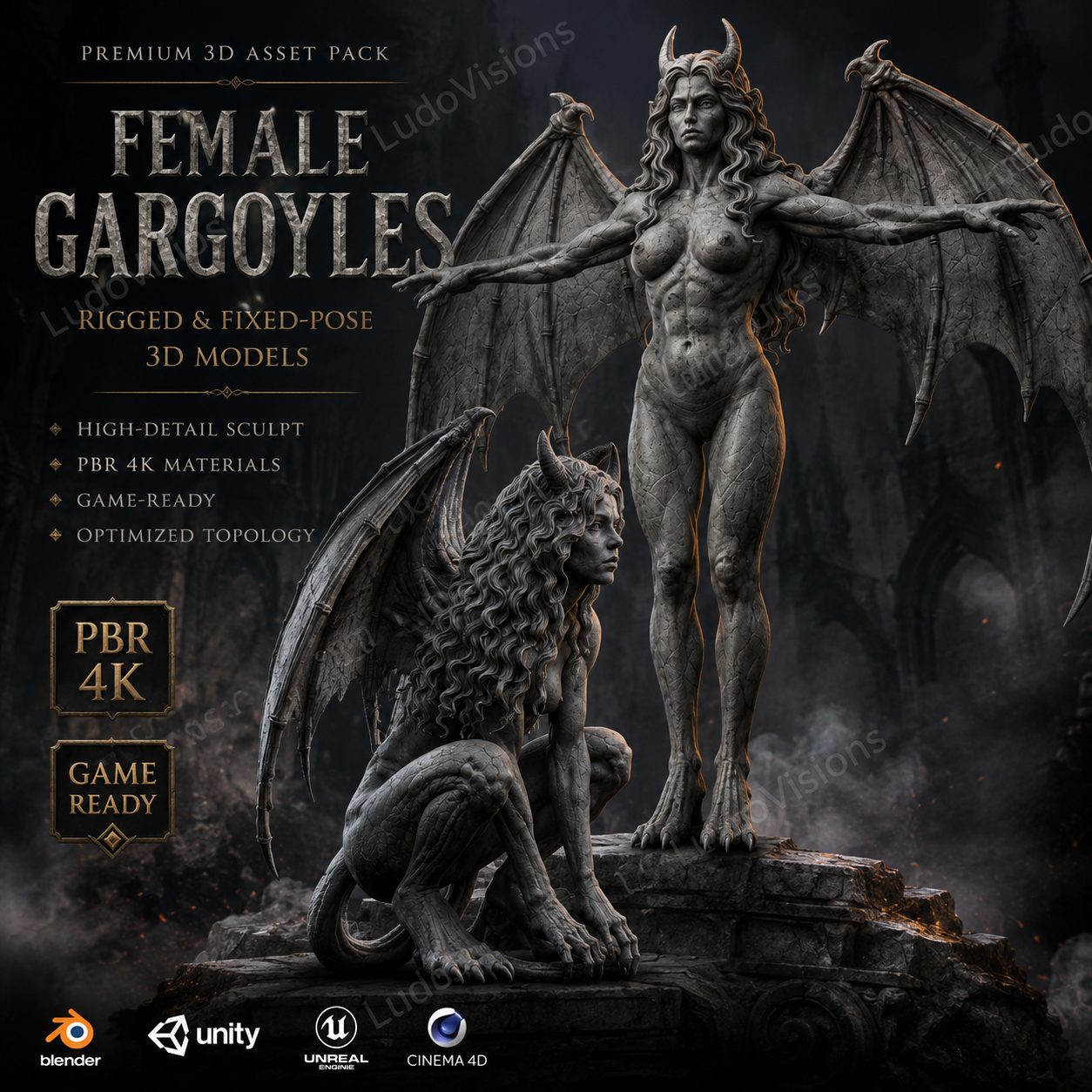 Lot 2 Gargouilles Femelles Médiévales 3D – Game-Ready PBR 4K – Légende de Thor