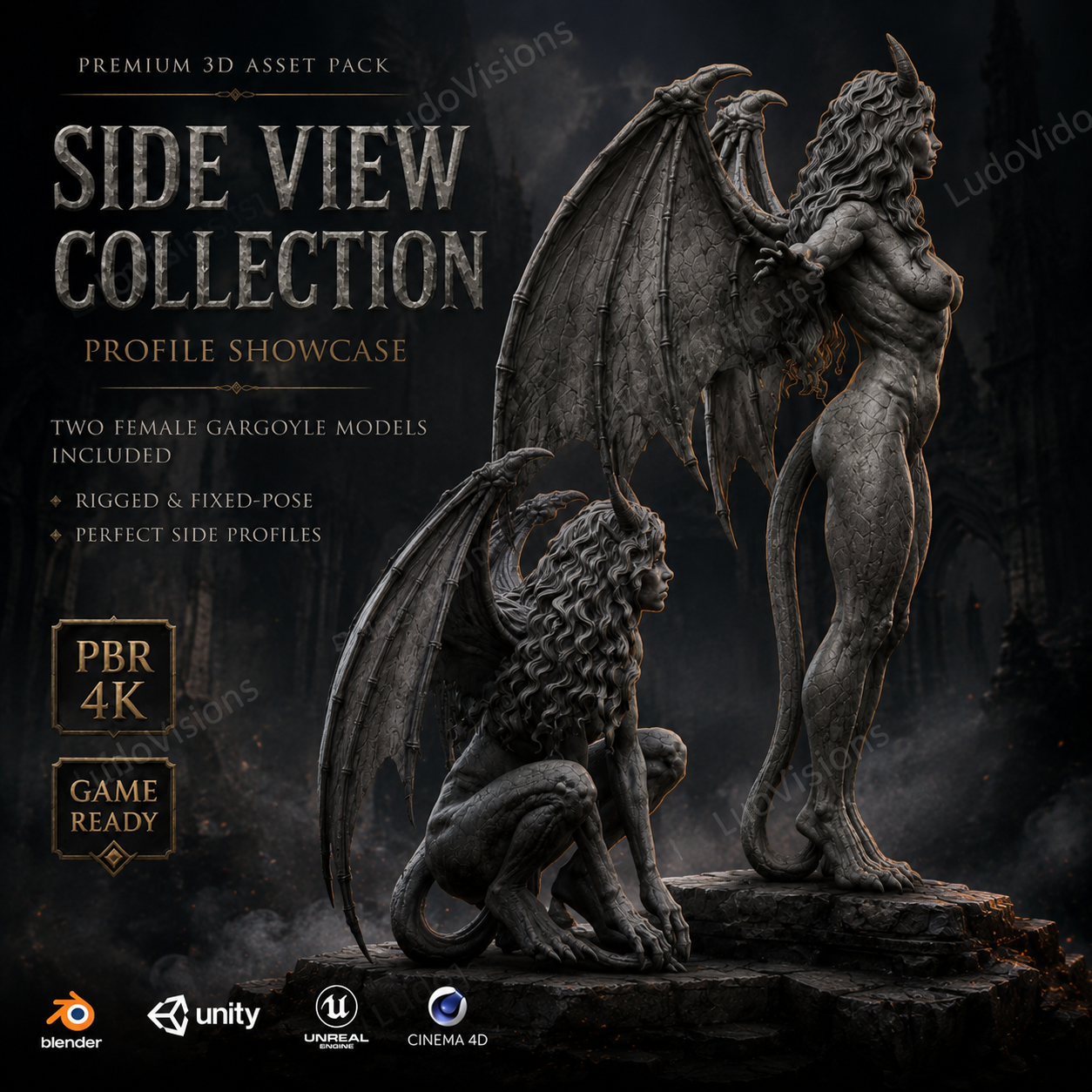 Lot 2 Gargouilles Femelles Médiévales 3D – Game-Ready PBR 4K – Légende de Thor – Image 5