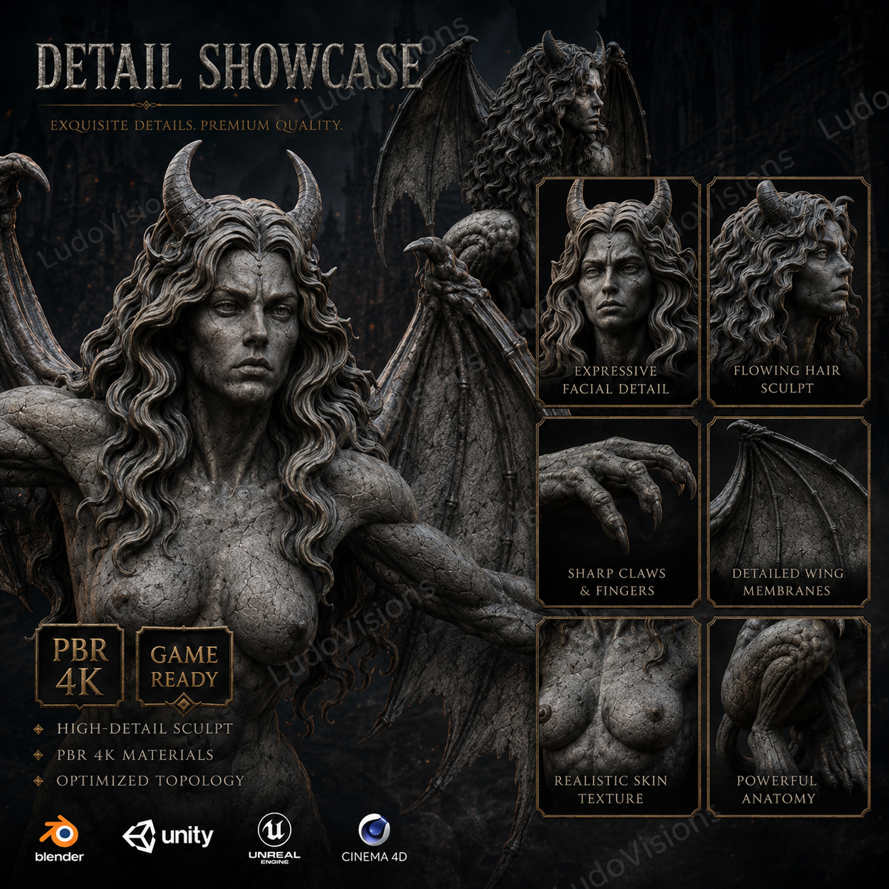 Lot 2 Gargouilles Femelles Médiévales 3D – Game-Ready PBR 4K – Légende de Thor – Image 6