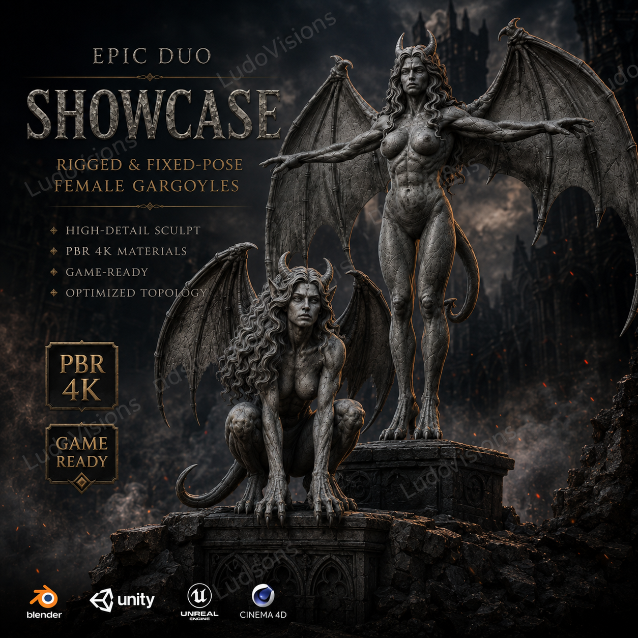 Lot 2 Gargouilles Femelles Médiévales 3D – Game-Ready PBR 4K – Légende de Thor – Image 8