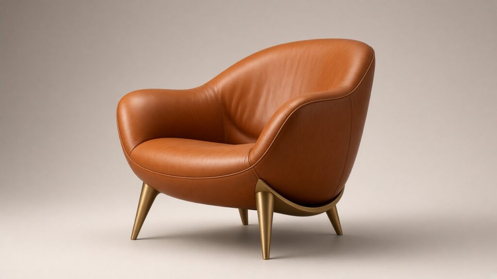 Sculptural designer armchair in cognac leather and brushed brass, isolated on a