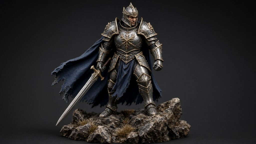Hand painted collectible resin figurine of an armoured warrior on a rocky base,