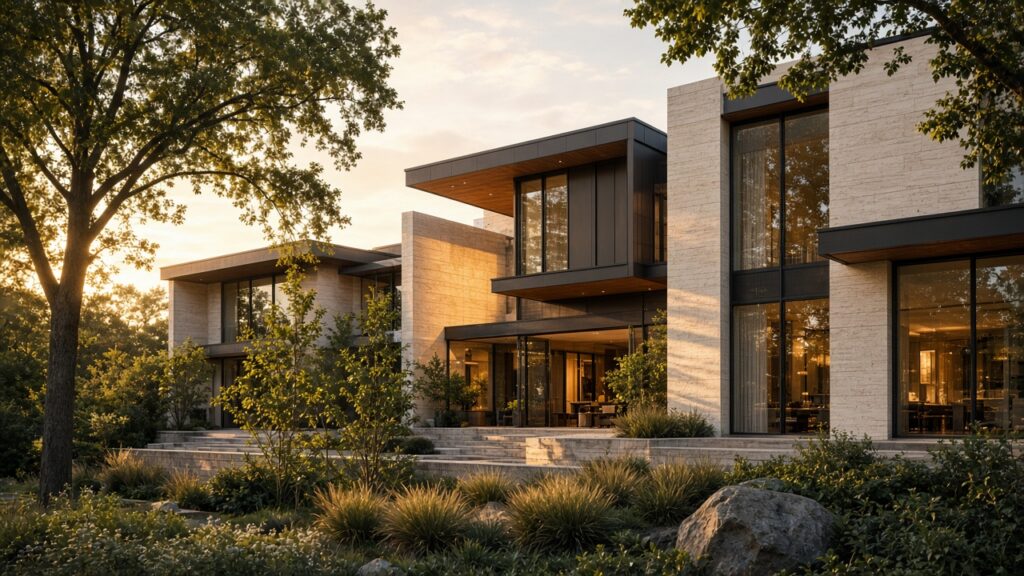 Contemporary residential building at golden hour, pale limestone and dark bronze