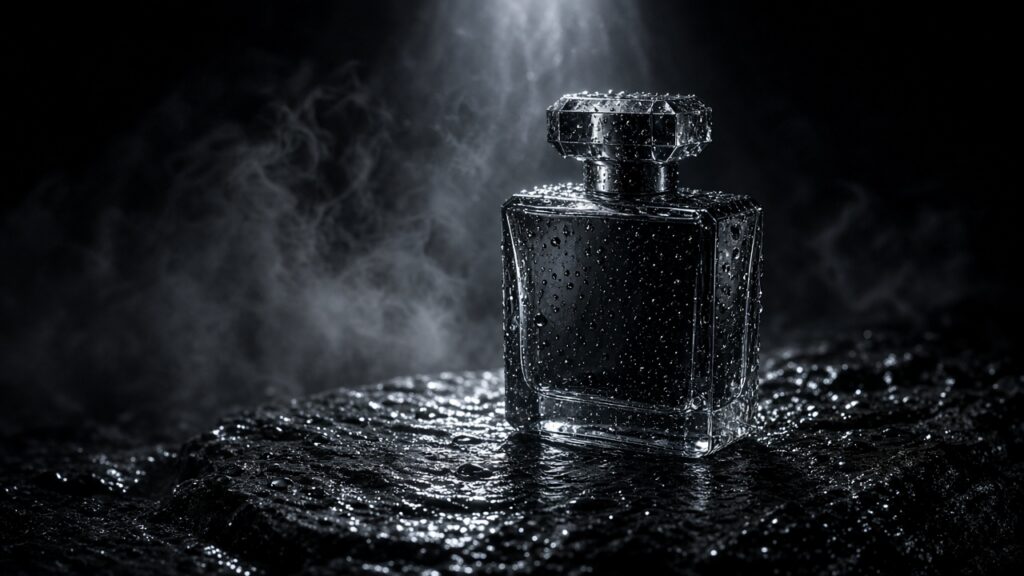 Luxury perfume bottle on wet black stone, dramatic single beam of light, driftin