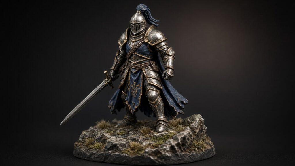 Hand painted collectible resin figurine of an armoured warrior on a rocky base,