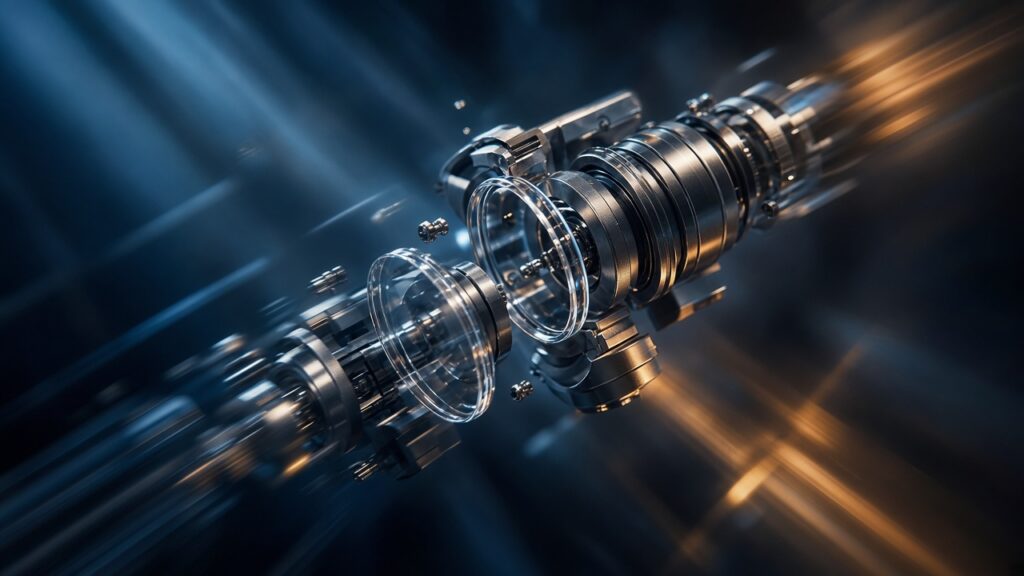Exploded view of a precision mechanical object suspended in mid air, brushed met